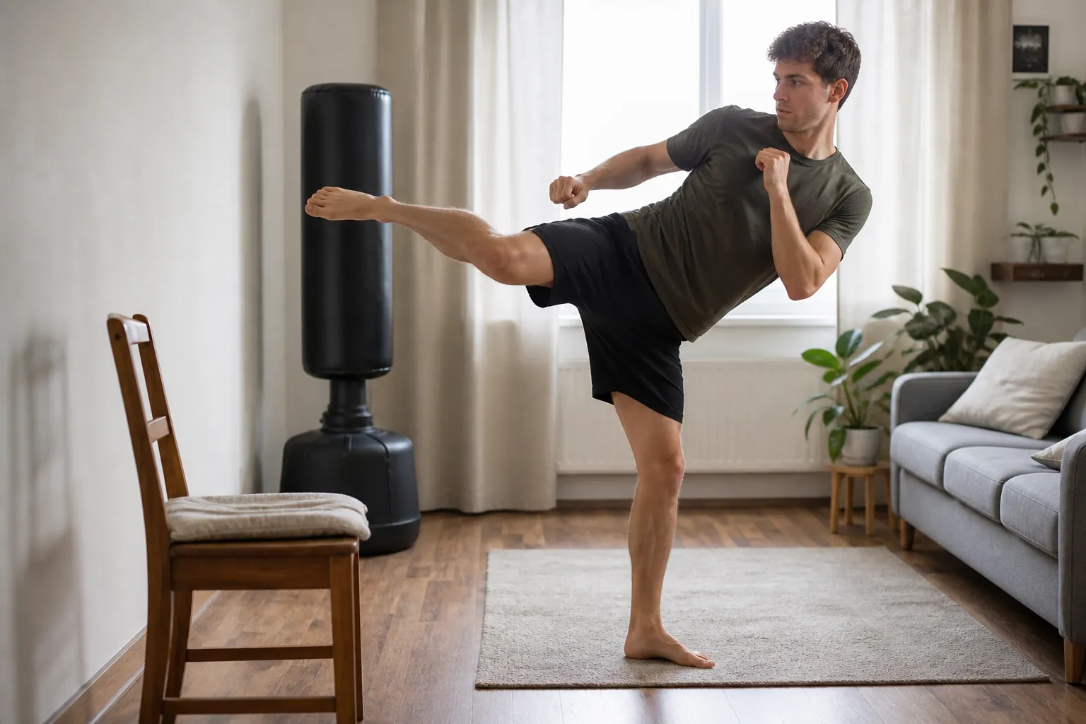 Home trainer performing a controlled shadow leg kick in a narrow apartment living room with a chair target and freestanding bag nearby