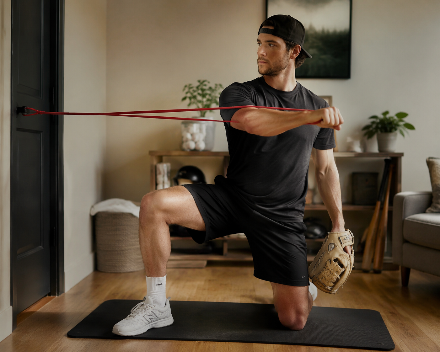 A baseball athlete on a home exercise mat performing a resistance band rotator cuff exercise anchored to a door frame.