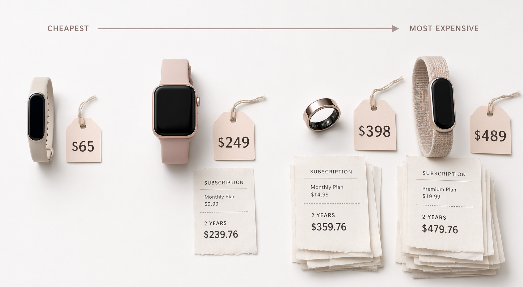 Flat-lay cost spectrum of fitness trackers with markers from about $65 to higher subscription-backed totals