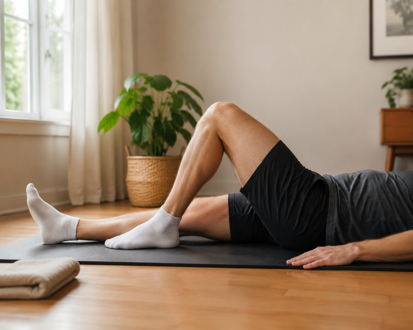 Person performing a controlled heel slide at home during early knee rehab