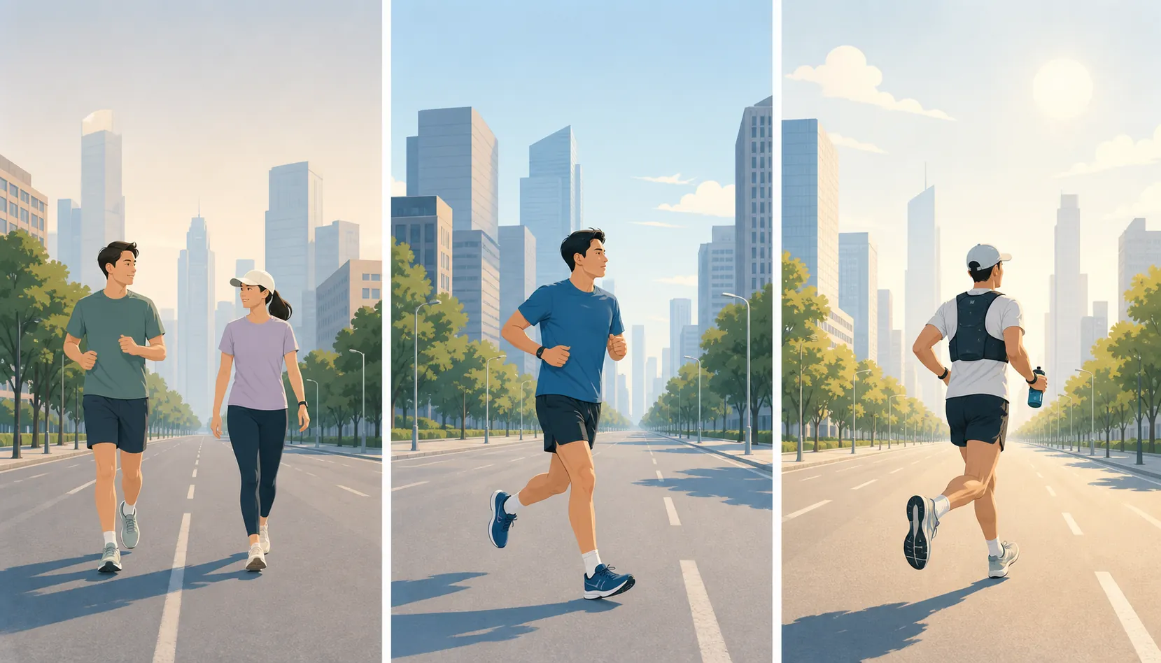 Three runners on a wide city avenue showing beginner run walk, intermediate tempo, and advanced long-run setups