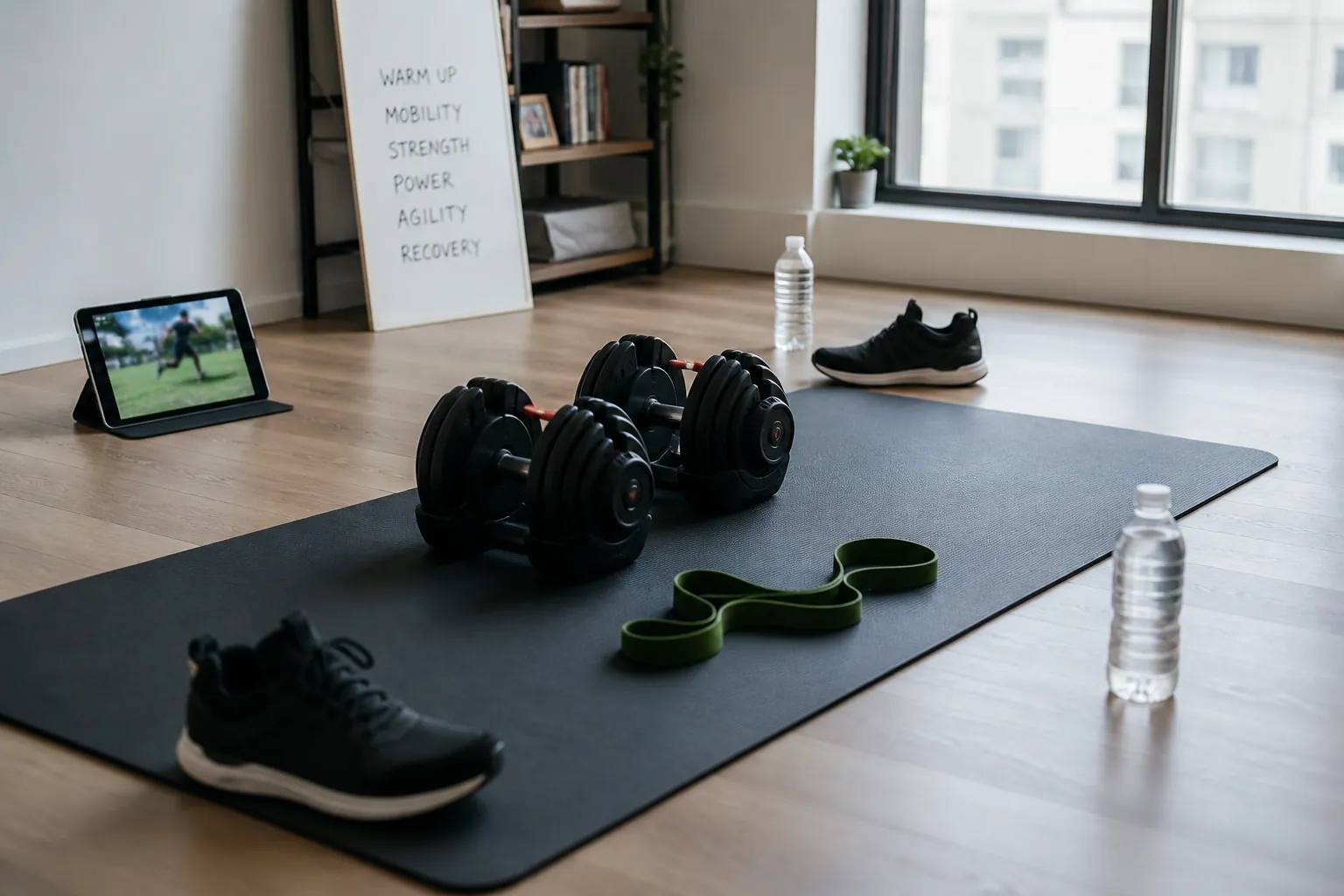 Compact apartment home gym with adjustable dumbbells, a resistance band, a yoga mat, and household objects used as cones