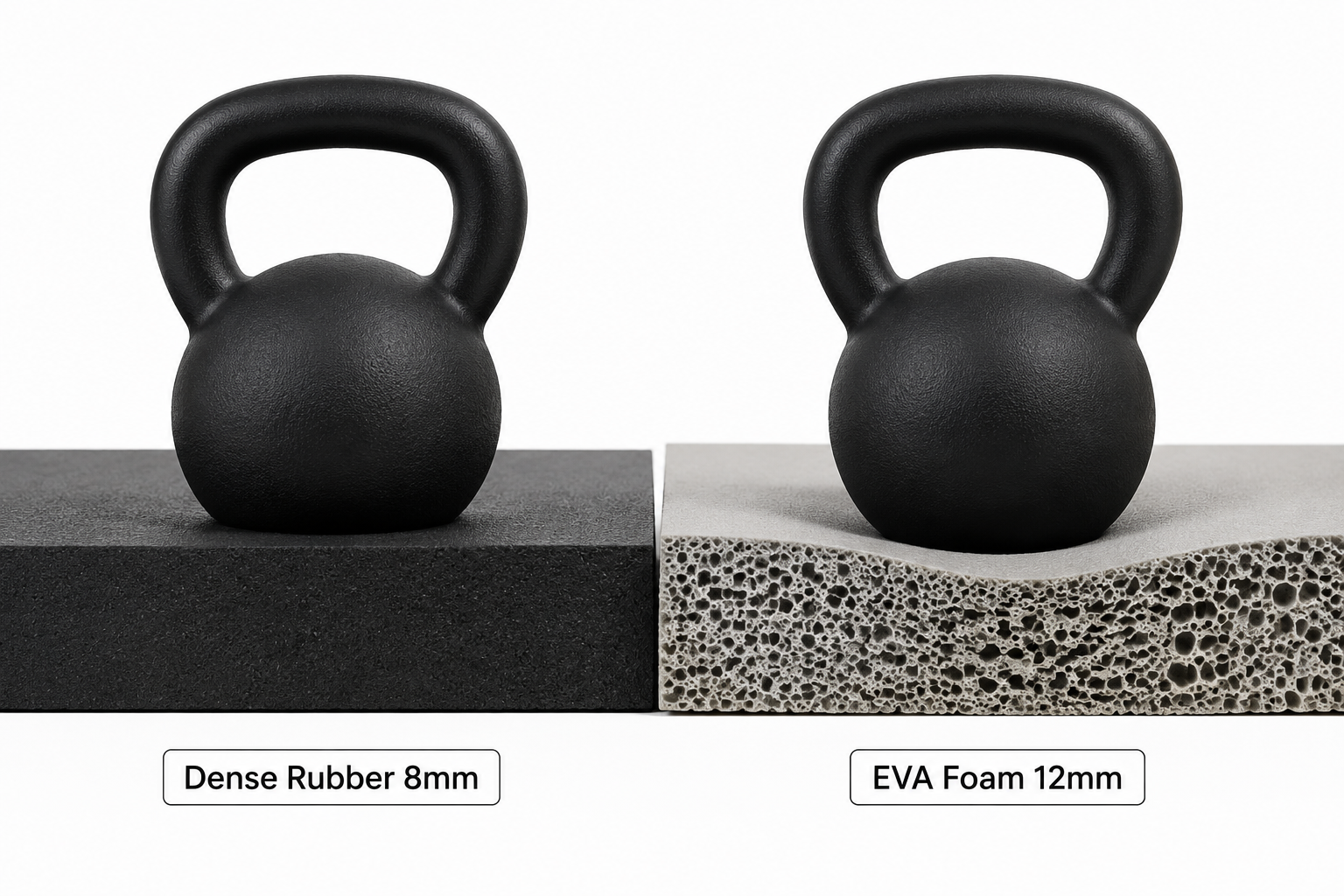 Cross-section comparison of dense 8mm rubber and 12mm EVA foam under a kettlebell