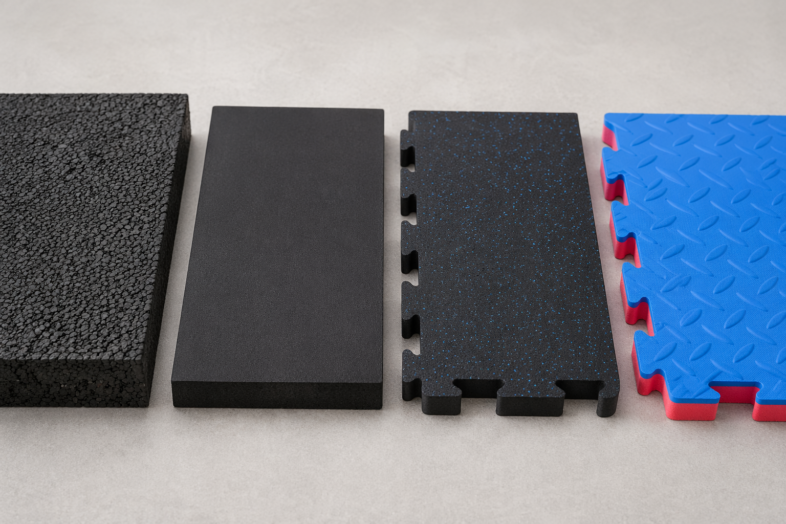 Stall mat, rubber roll, interlocking rubber tile, and EVA foam tile shown with visible surface texture and thickness