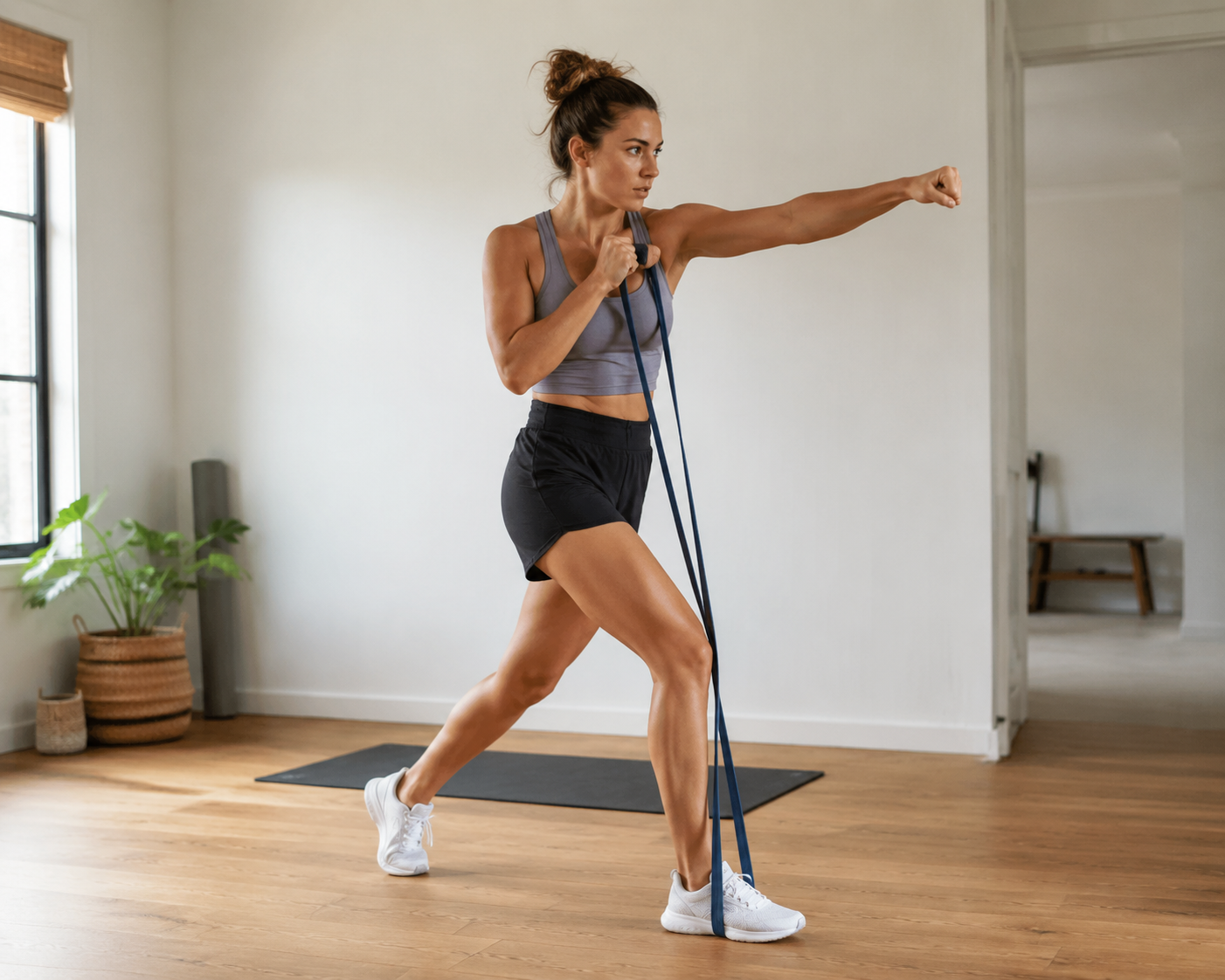 Person throwing a boxing-style cross punch at home with a resistance band looped under the front foot