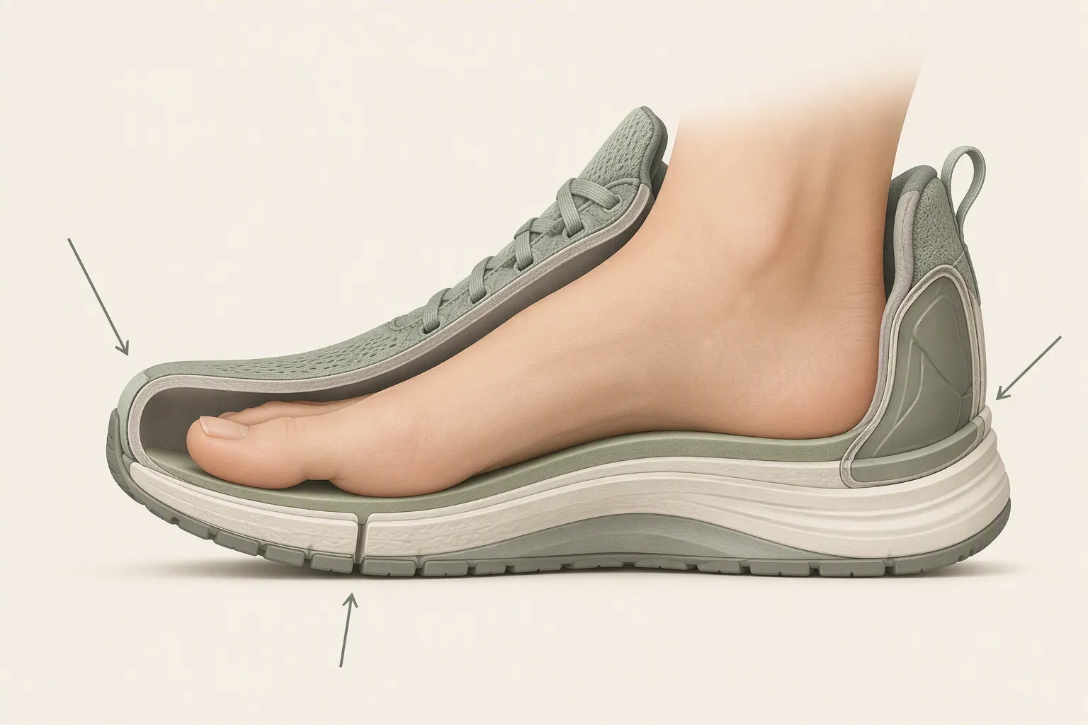 Walking shoe cross-section showing toe room, structured heel counter, and forefoot flex line