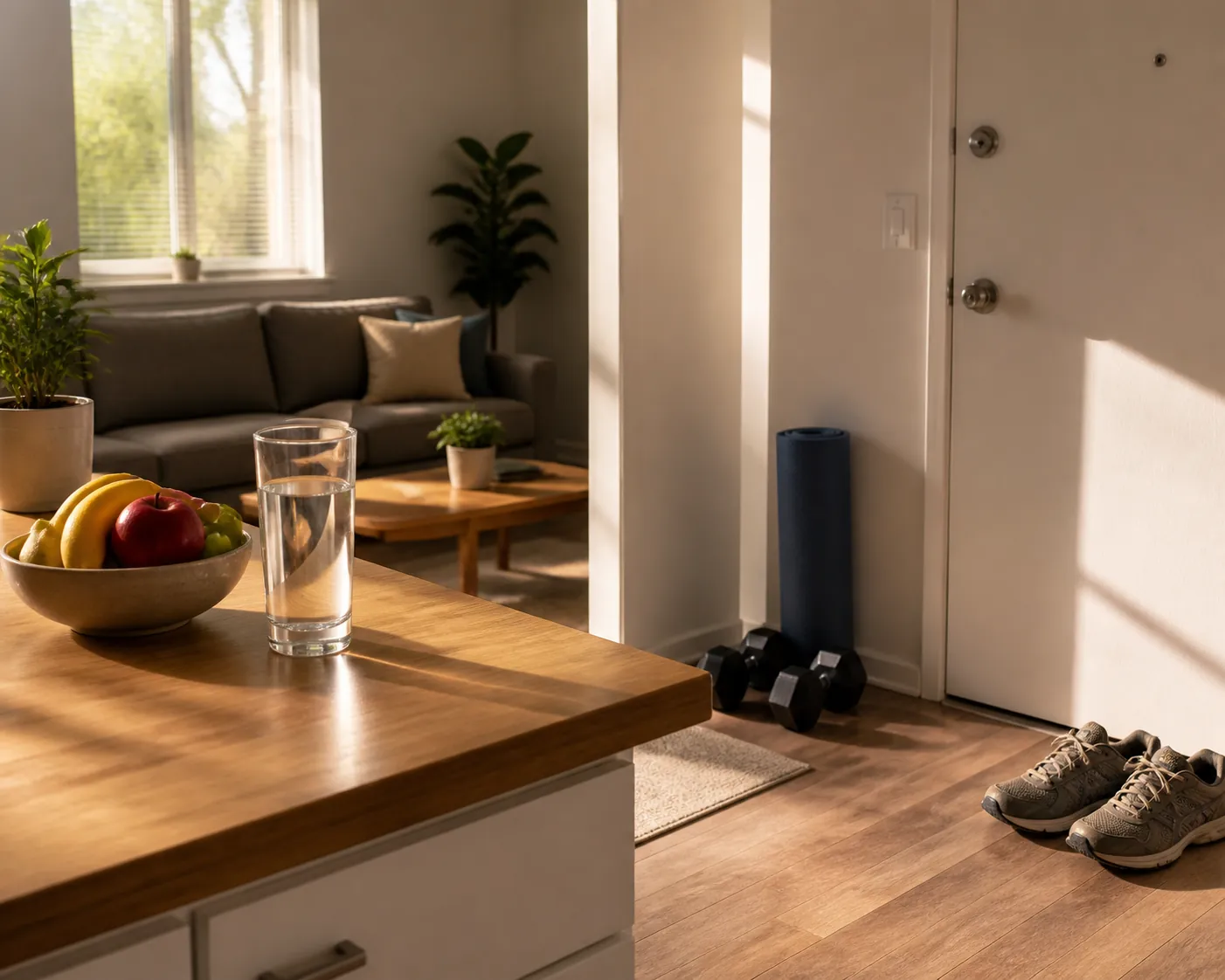 Apartment kitchen with water, fruit, walking shoes, dumbbells, and a yoga mat