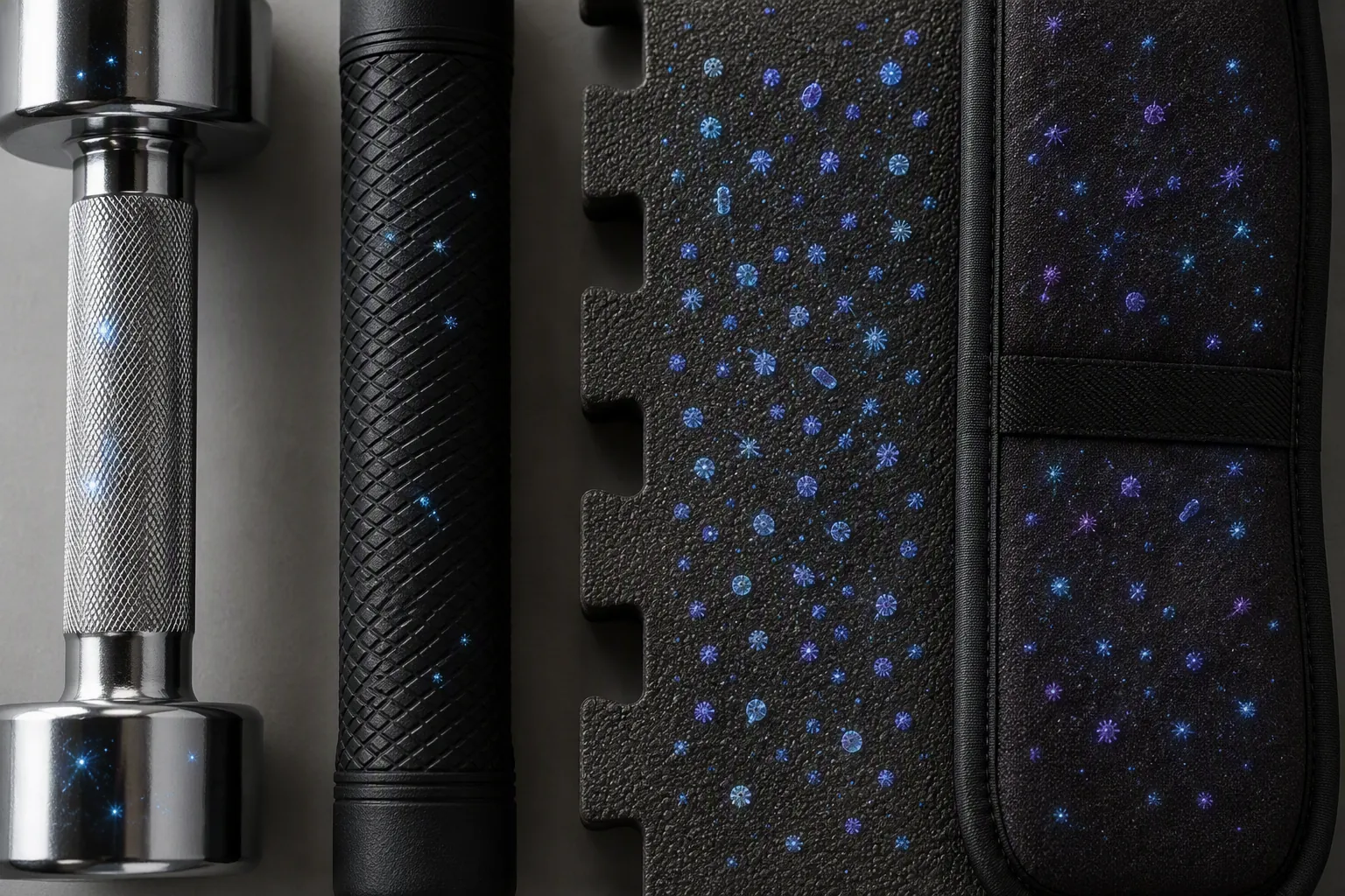 Chrome steel, rubber, foam, and fabric home gym surfaces shown side by side to illustrate that germ survival varies by material