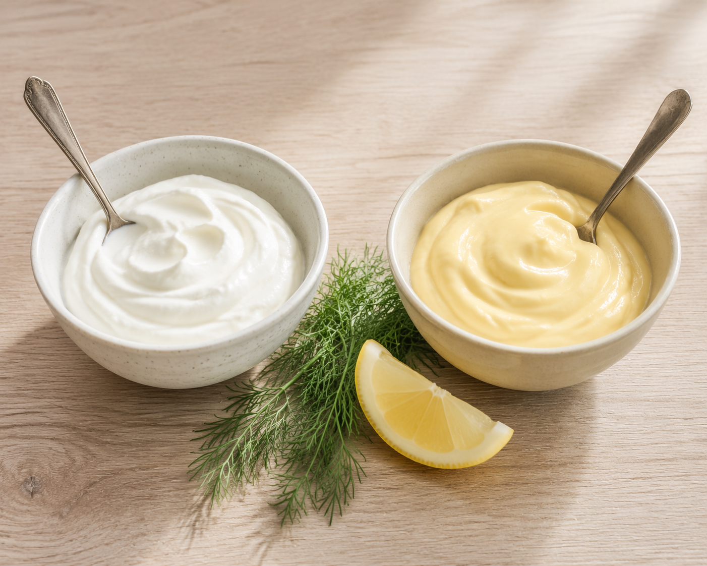 Greek yogurt and mayonnaise side by side for a salad dressing comparison.