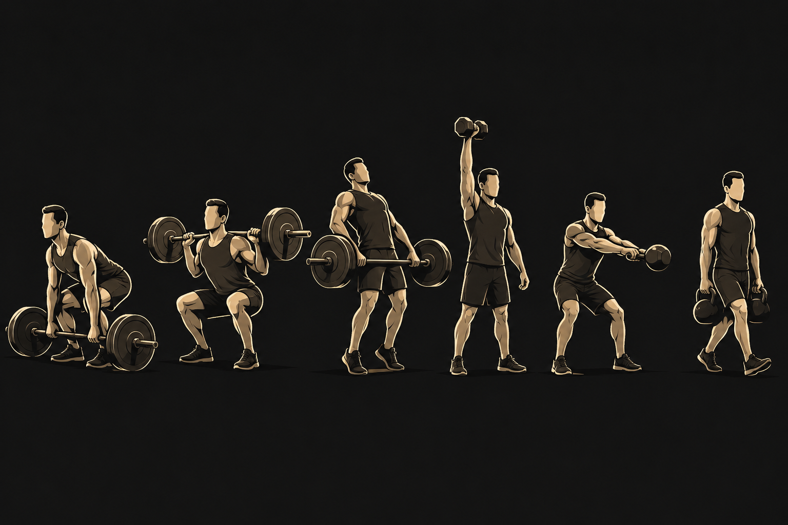 Six compound exercise silhouettes showing a deadlift, squat, clean pull, one-arm dumbbell press, kettlebell swing, and farmer carry