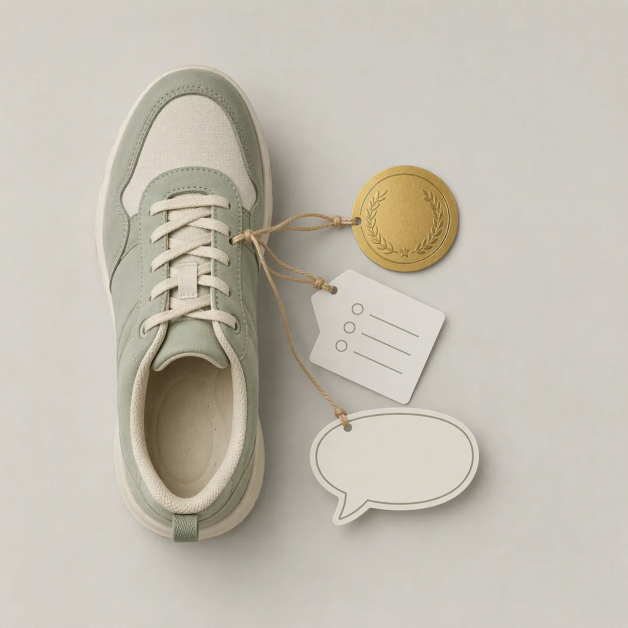 Sage-green women's walking shoe with seal, checklist, and quote tags representing different recommendation types