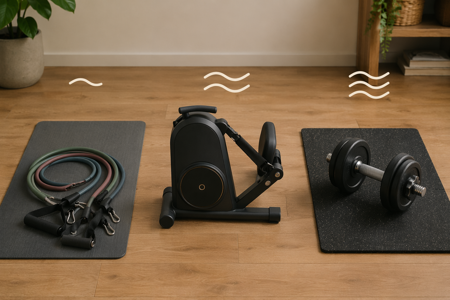 A flat-lay comparison on warm apartment wood flooring showing three equipment types with abstract noise-level indicators above each: resistance bands (one small sound wave), a compact digital resistance machine (two waves), and a plate-loaded dumbbell on a rubber mat (three waves).