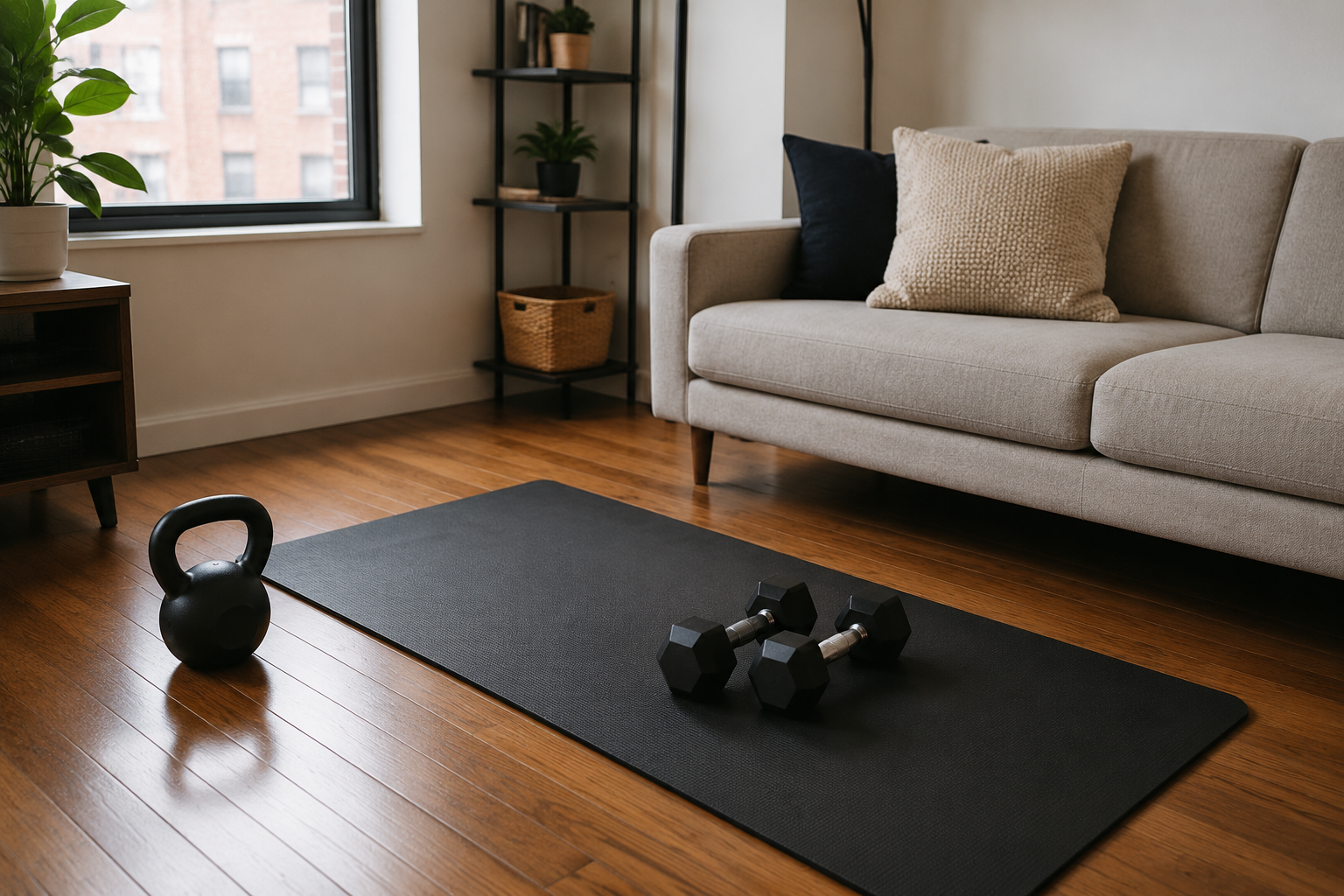 A pair of dumbbells and a kettlebell on a yoga mat in a compact apartment living room