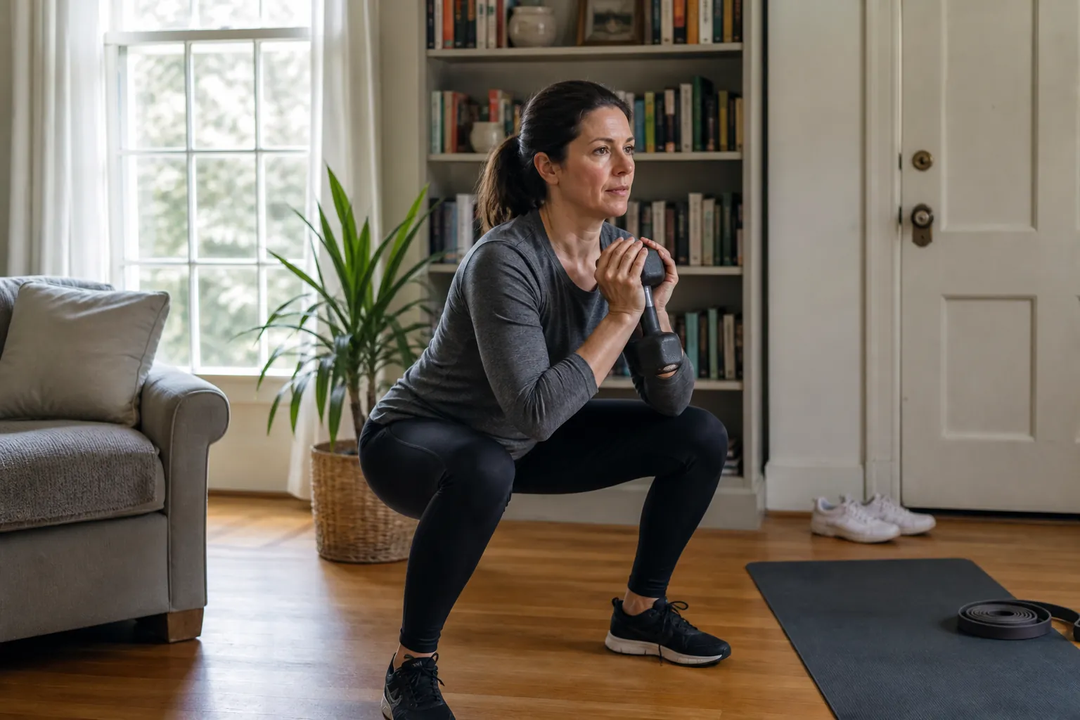 Woman doing a dumbbell squat in a small living room with walking sneakers and a resistance band nearby