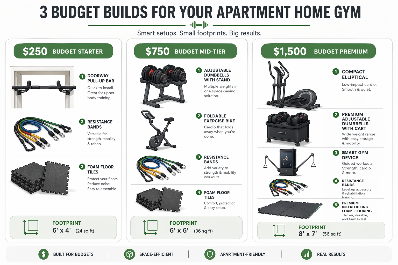 Side-by-side infographic comparing three apartment home gym budget builds: a $250 starter setup with doorway pull-up bar, resistance bands, and foam tiles; a $750 mid-tier setup with adjustable dumbbells, foldable bike, and bands; and a $1,500 premium setup with compact elliptical, premium dumbbells, smart gym device, and flooring.