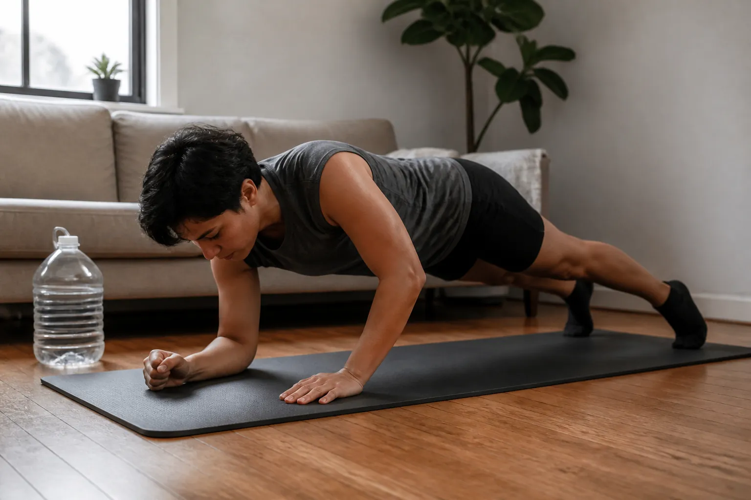 Person performing a plank press on a thick yoga mat in a compact apartment