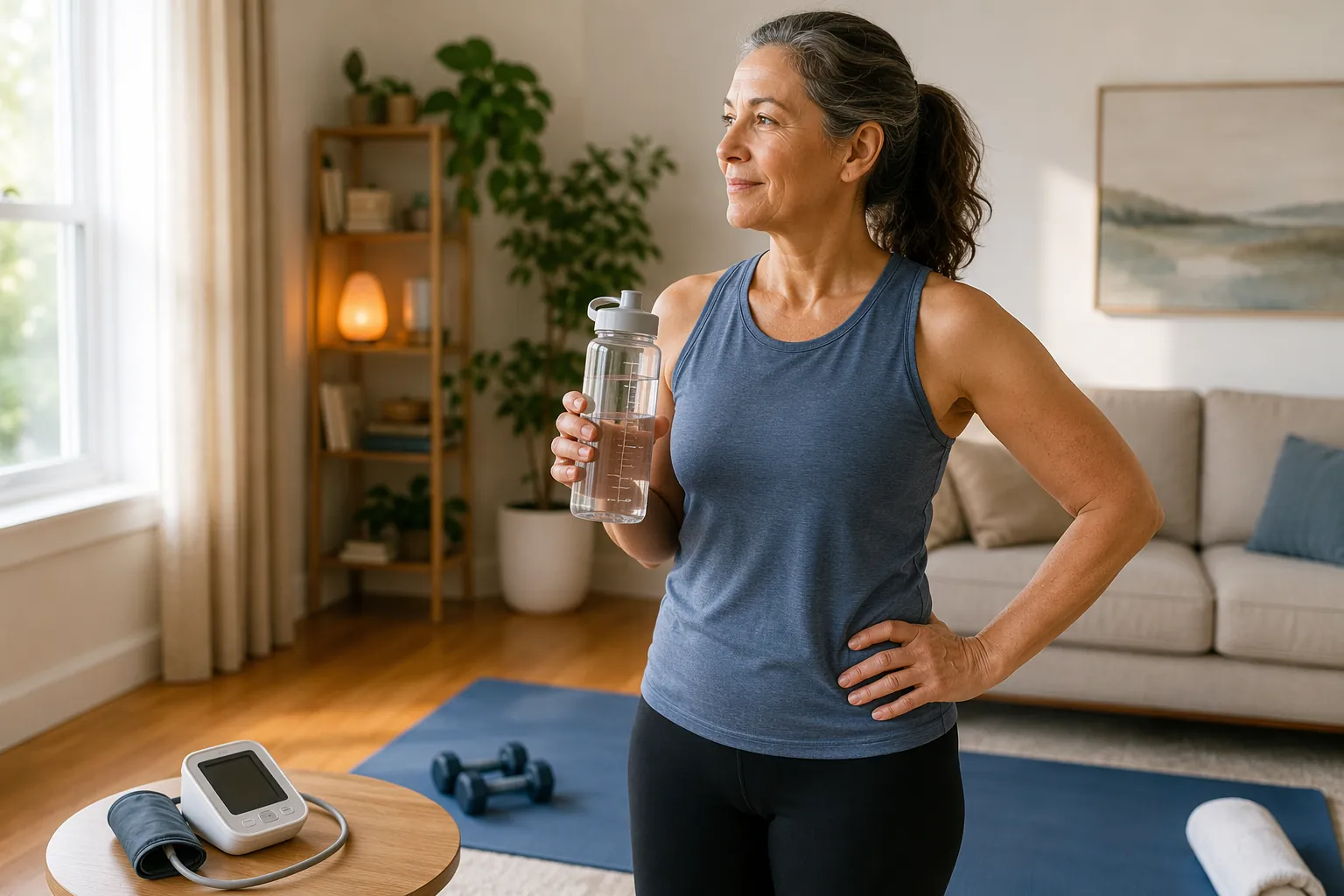 Person beside a yoga mat with a marked water bottle and a blood pressure monitor nearby