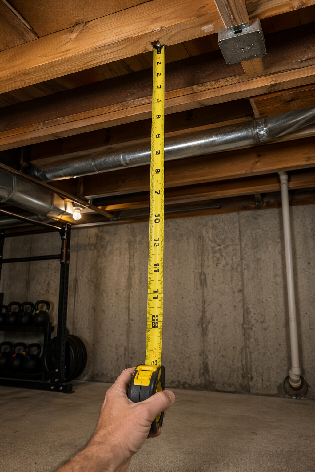 Tape measure extended from a basement floor toward exposed joists, ductwork, and ceiling obstructions