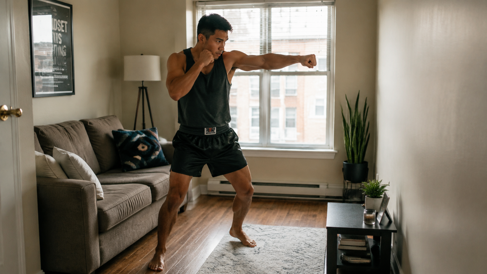 A person shadow boxing in a small apartment living room with furniture pushed aside