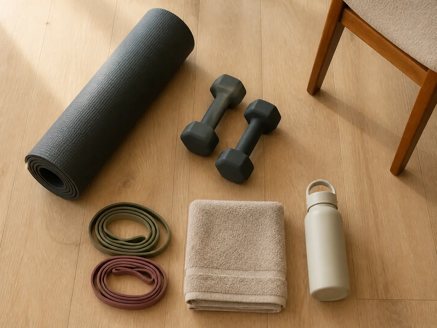 Minimal home strength kit with an exercise mat, small dumbbells, resistance bands, towel, water bottle, and sturdy chair