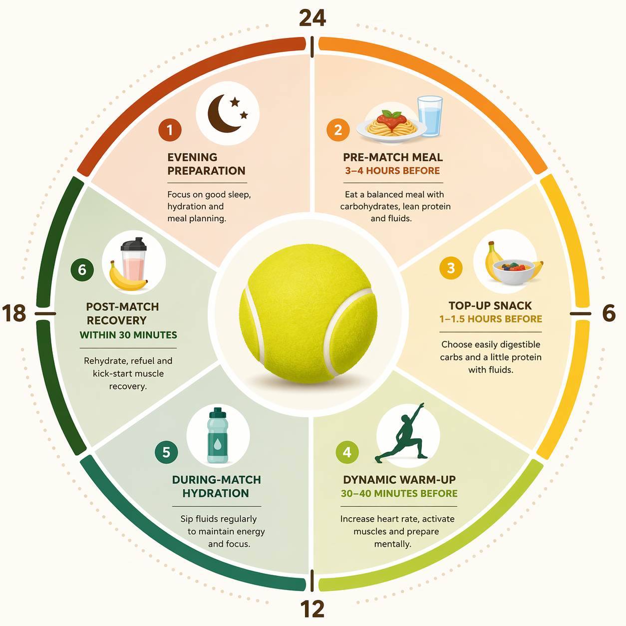 Circular 24-hour tennis match preparation timeline