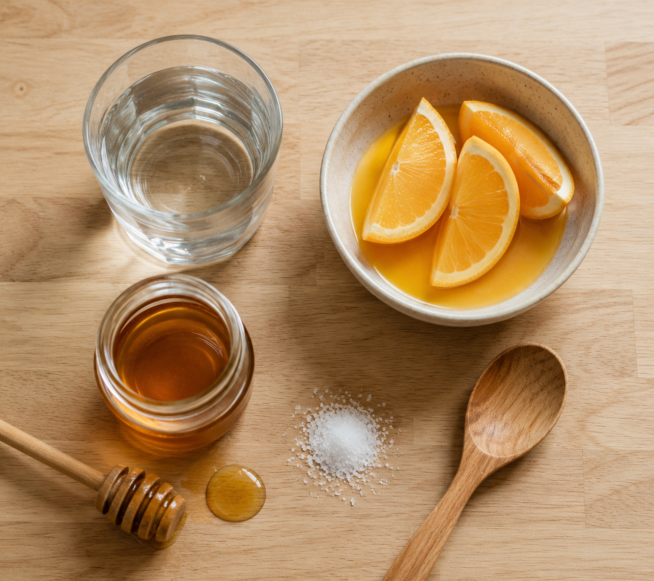Water, orange juice, honey, and salt arranged for a homemade electrolyte drink