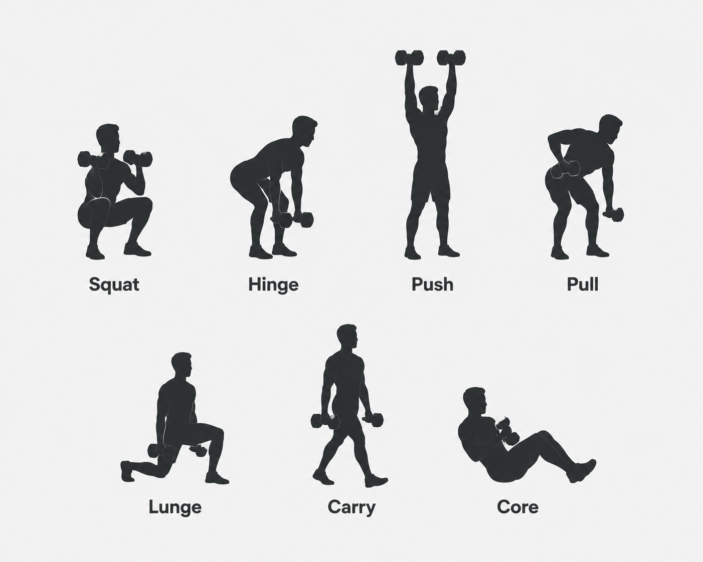 Seven fundamental dumbbell movement patterns labeled squat, hinge, push, pull, lunge, carry, and core