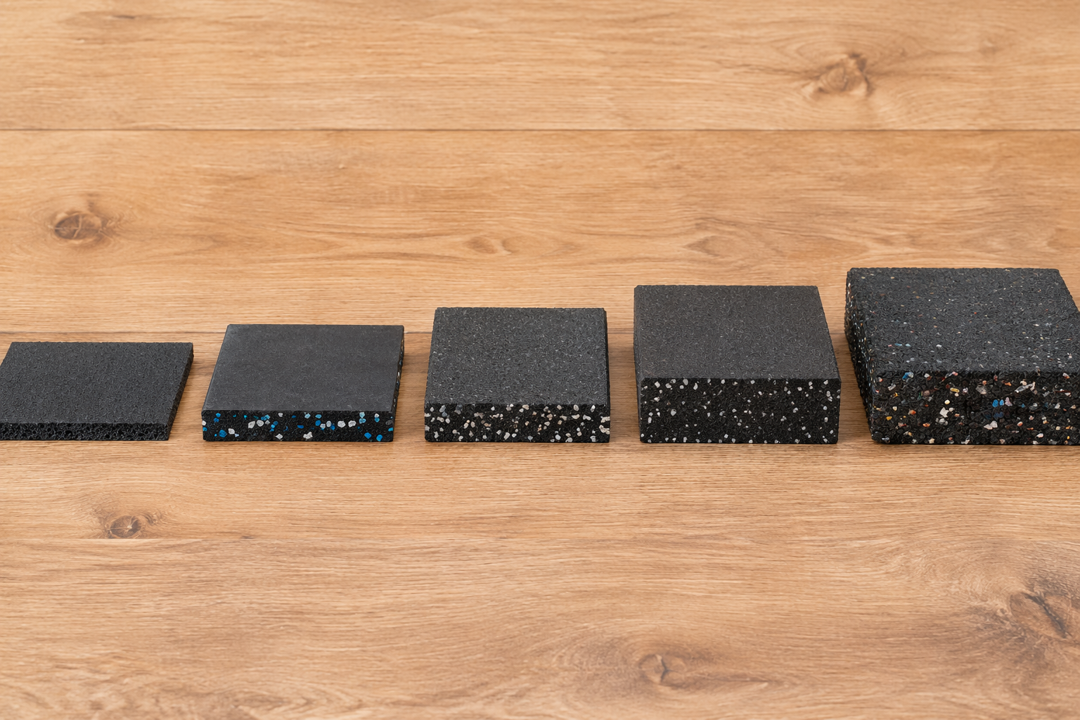A flat lay of five home gym flooring cross-section slices arranged side by side: 6mm foam, 8mm rubber, 3/8 inch rubber, 1/2 inch rubber, and 3/4 inch stall mat, showing the progressive thickness differences.