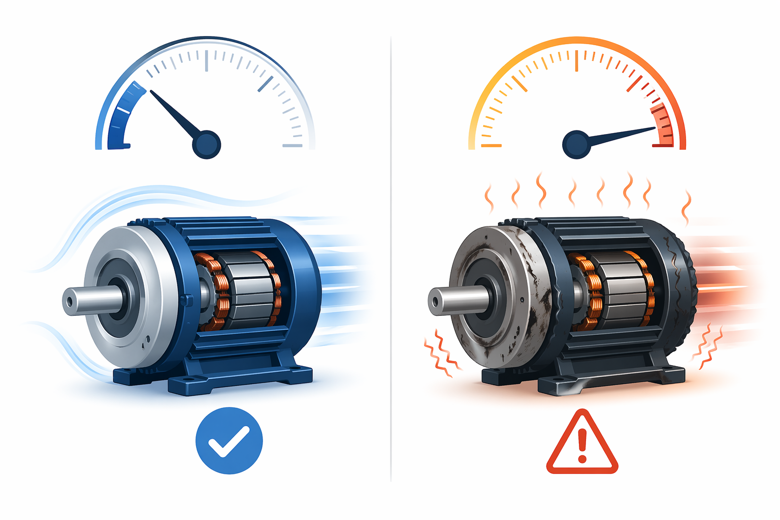 Side-by-side treadmill motor illustration comparing smoother under 4,000 RPM operation with hotter over 5,000 RPM operation