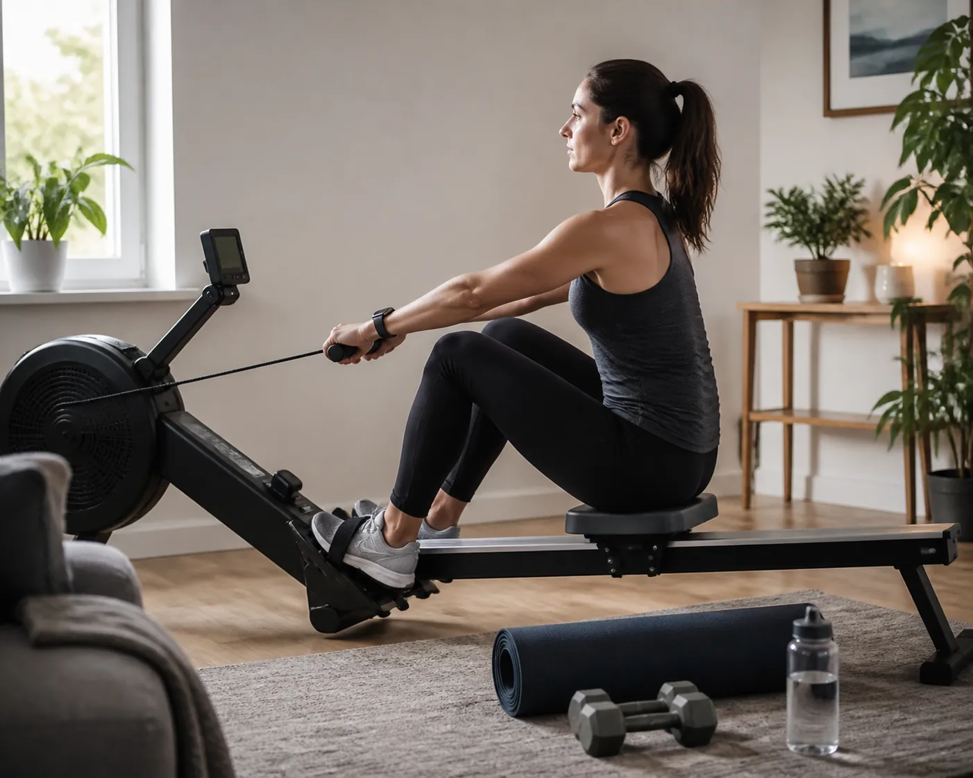 A person doing a light rowing session in a compact home workout corner