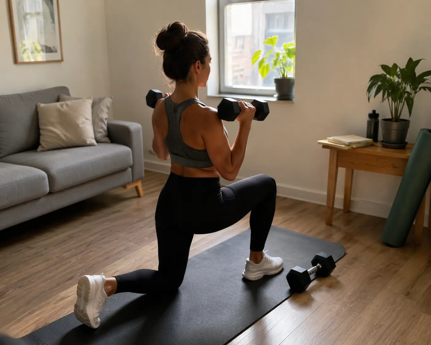 Person doing a dumbbell workout on a yoga mat in a compact living room with furniture moved aside