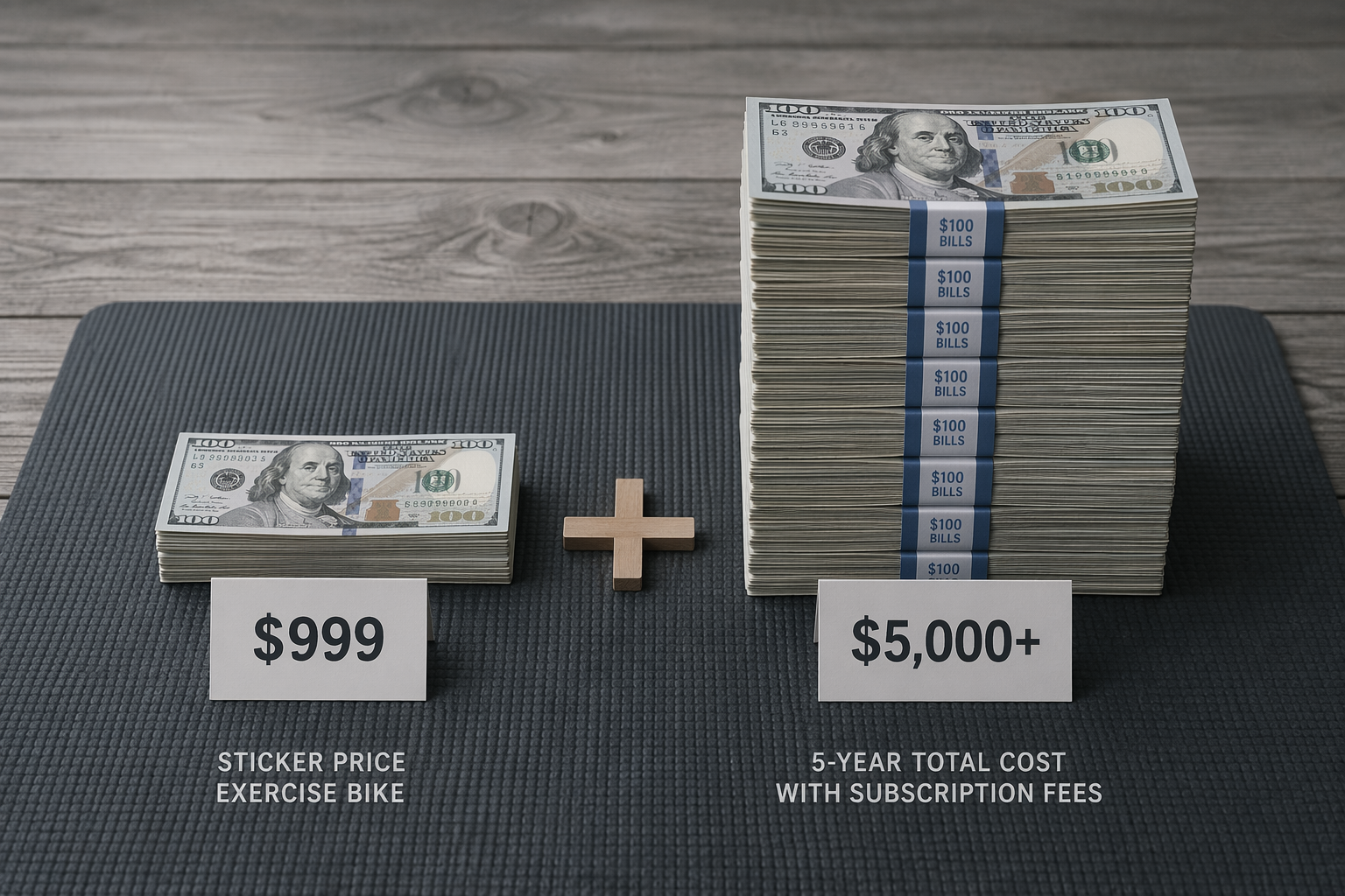 A flat-lay comparison of two stacks of money: a small stack labeled $999 and a much taller stack labeled $5,000+ on a gym mat texture.