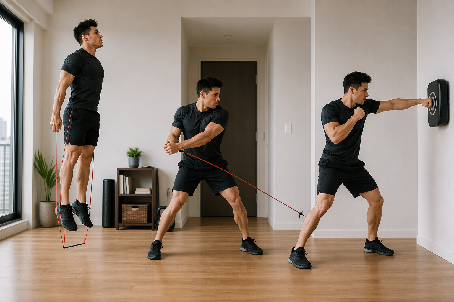 Three home training movements showing a jump, a rotational band pull, and a controlled punch toward a wall target