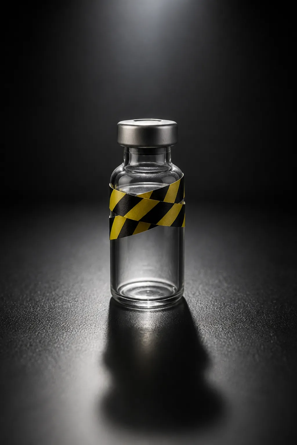 A small glass vial wrapped with yellow and black caution tape