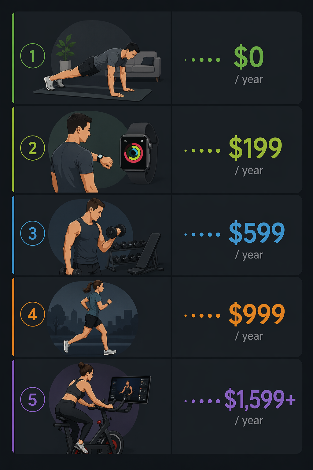 five iPhone fitness app user scenarios with yearly cost indicators