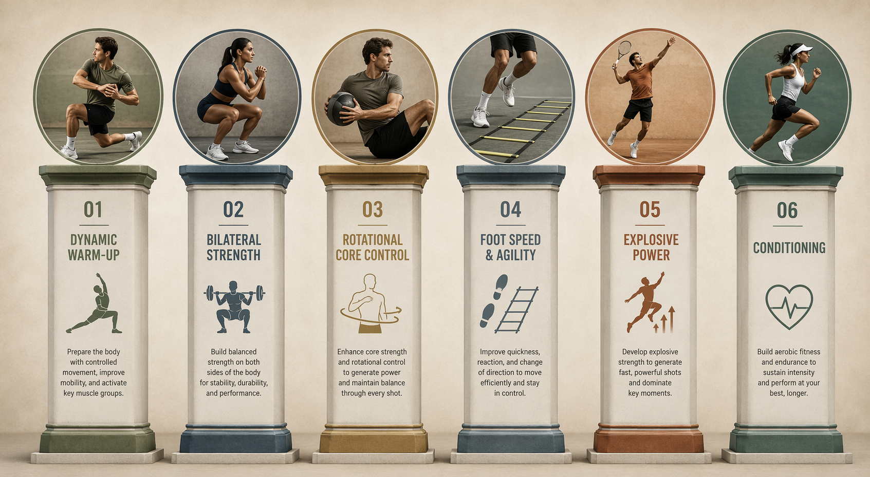 Diagram showing six tennis fitness pillars: dynamic warm-up, bilateral strength, rotational core control, foot speed and agility, explosive power, and conditioning