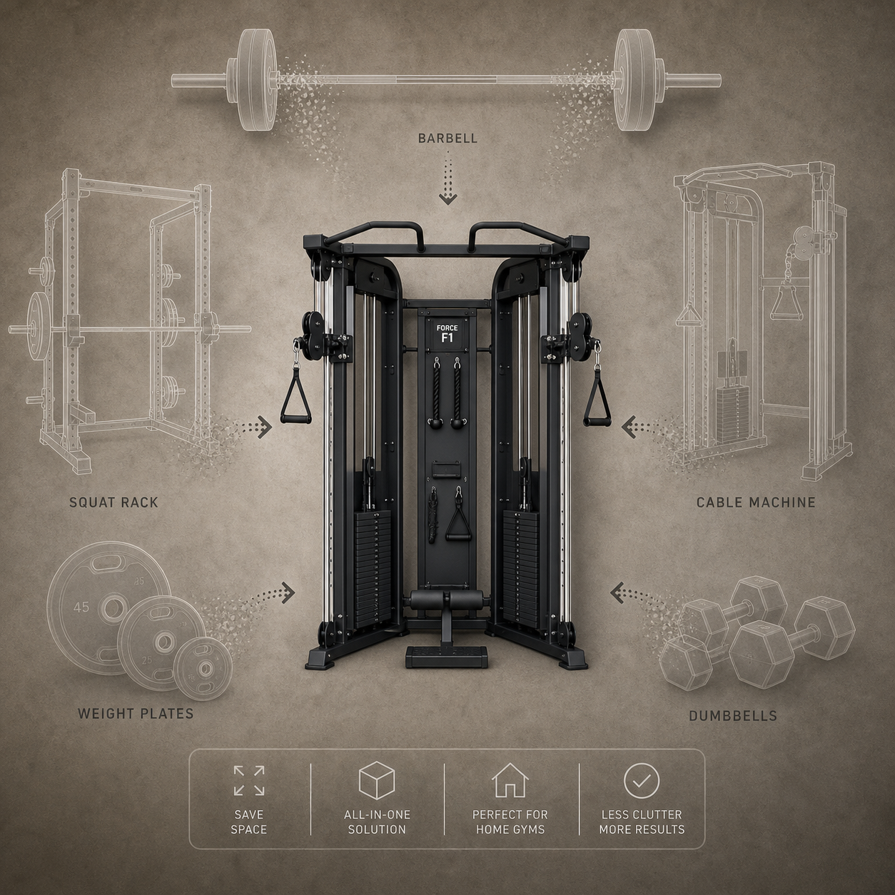 A top-down flat-lay composition showing a central all-in-one home gym machine with translucent ghosted outlines of separate equipment pieces fading into it, representing consolidation.