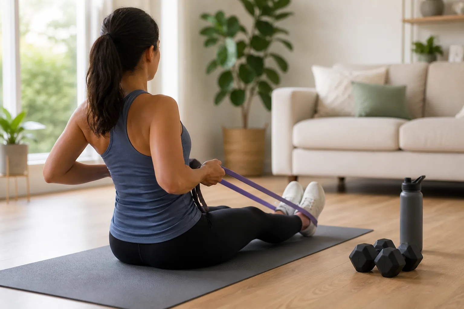 Person doing a seated resistance band row on a yoga mat in a bright living room