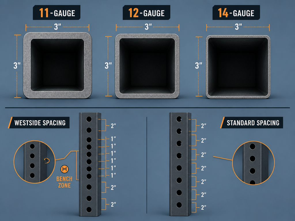 A comparison illustration showing three 3x3 steel tube cross-sections with visibly different wall thicknesses labeled 11-gauge, 12-gauge, and 14-gauge, alongside a vertical upright detail comparing Westside hole spacing (1-inch increments in bench zone) versus standard uniform 2-inch hole spacing.