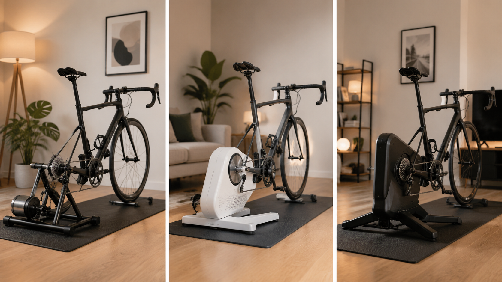 Three indoor cycling trainer setups arranged from basic wheel-on to compact entry-level direct-drive to larger mid-range direct-drive in a clean apartment room.