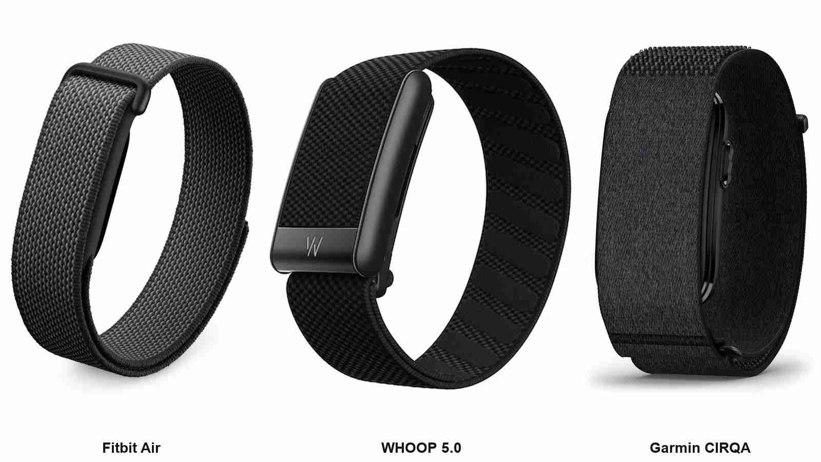Garmin Cirqa, Whoop 5.0, and Fitbit Air screenless fitness bands shown side by side