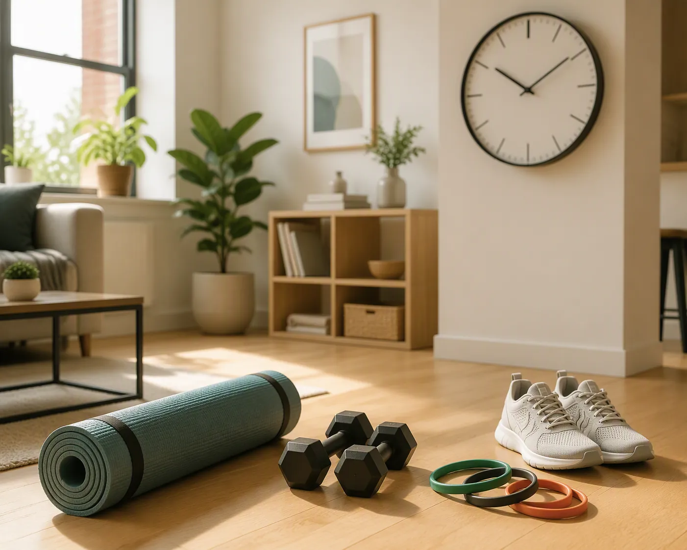 Small-apartment workout corner with a yoga mat, dumbbells, resistance bands, sneakers, and a wall clock