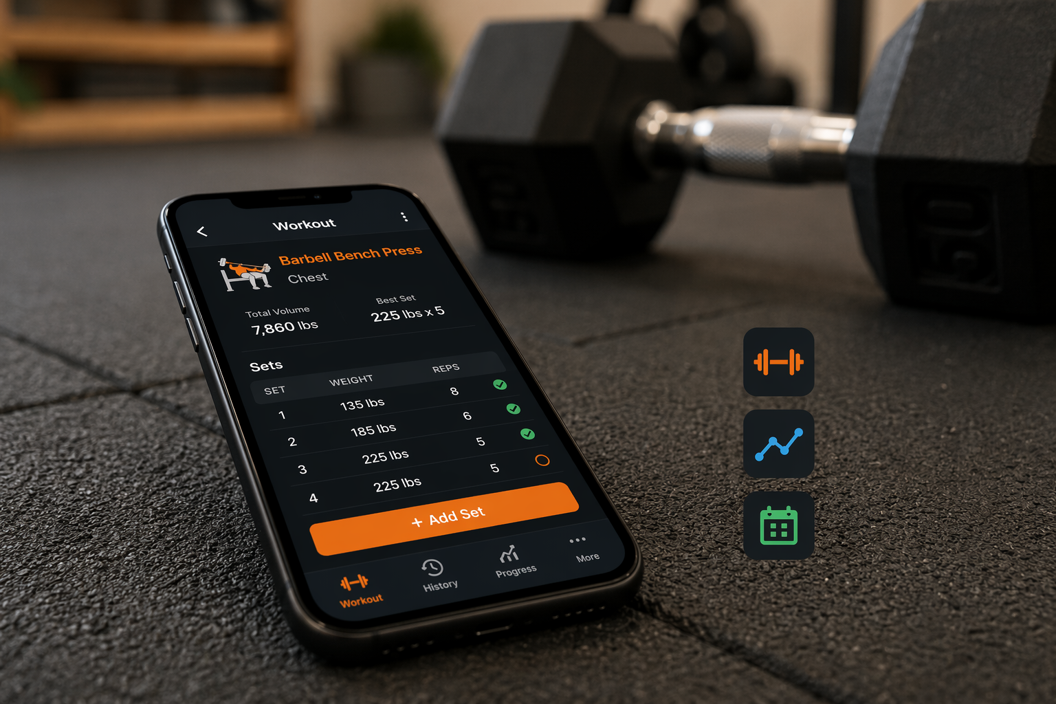A smartphone on a rubber home gym mat displays a workout tracking app interface with weight, sets, and reps data. A dumbbell rests softly out of focus in the background. Three small app icons float subtly nearby.