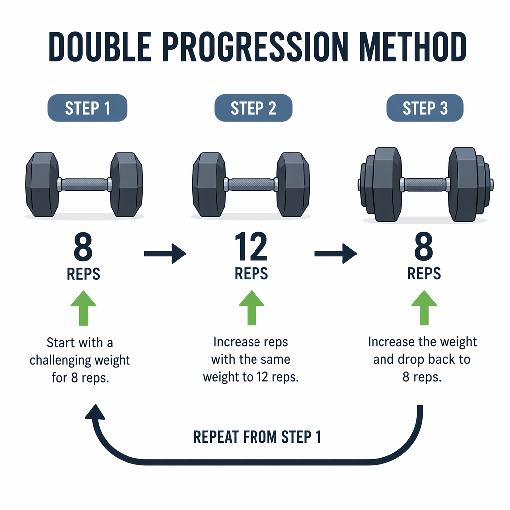 Three-step dumbbell double progression cycle from 8 reps to 12 reps to a heavier dumbbell