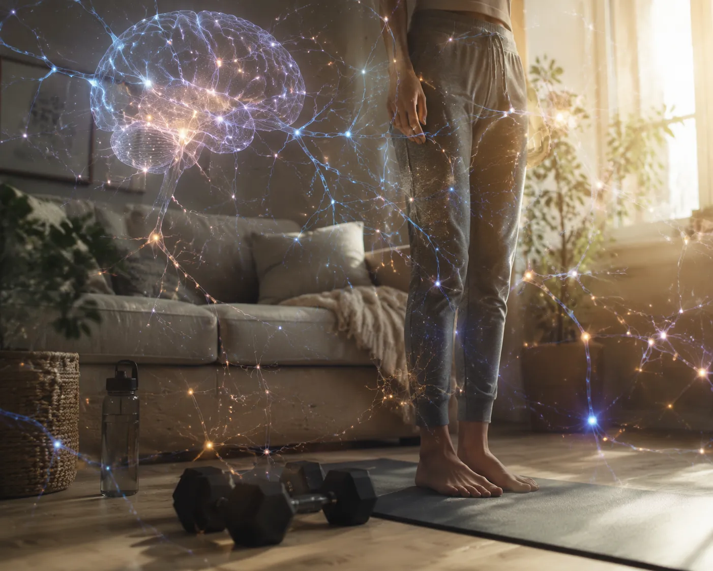 Living room with a yoga mat and dumbbells overlaid with neural network lines