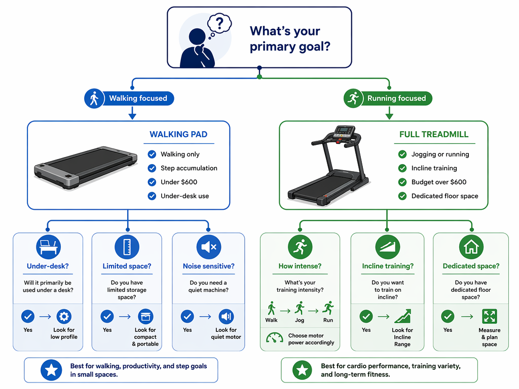 A flat vector decision tree illustration starting with a thinking-person icon at top, branching left to a slim walking pad with labels for walking-only and under-$600 use, and branching right to a full treadmill with labels for running and over-$600 use, with further sub-branches below.
