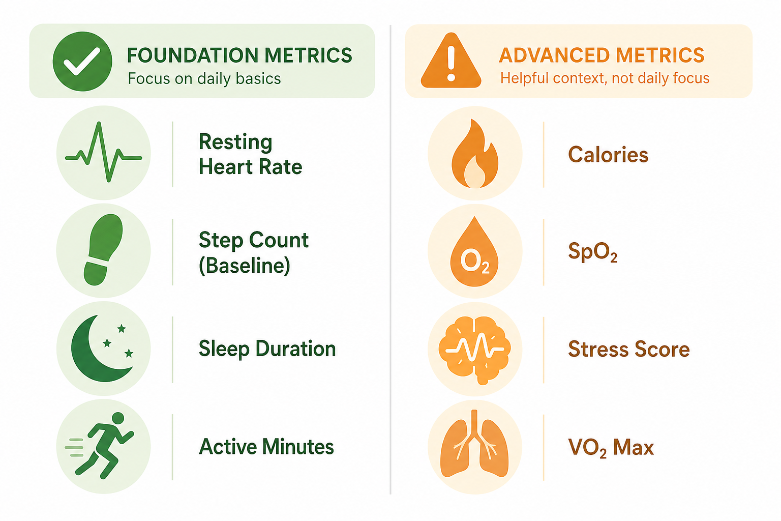 Two-column illustration separating actionable beginner metrics in green from skepticism-worthy metrics in amber