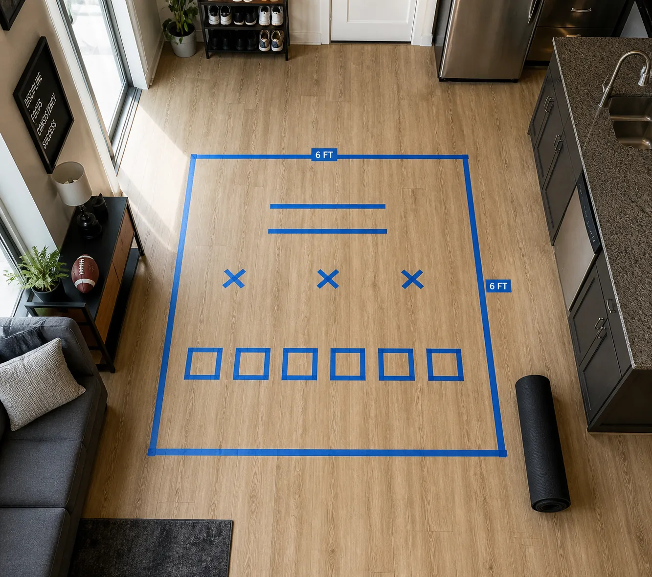 Painter’s tape marking a 6x6-foot apartment football conditioning zone with footwork positions