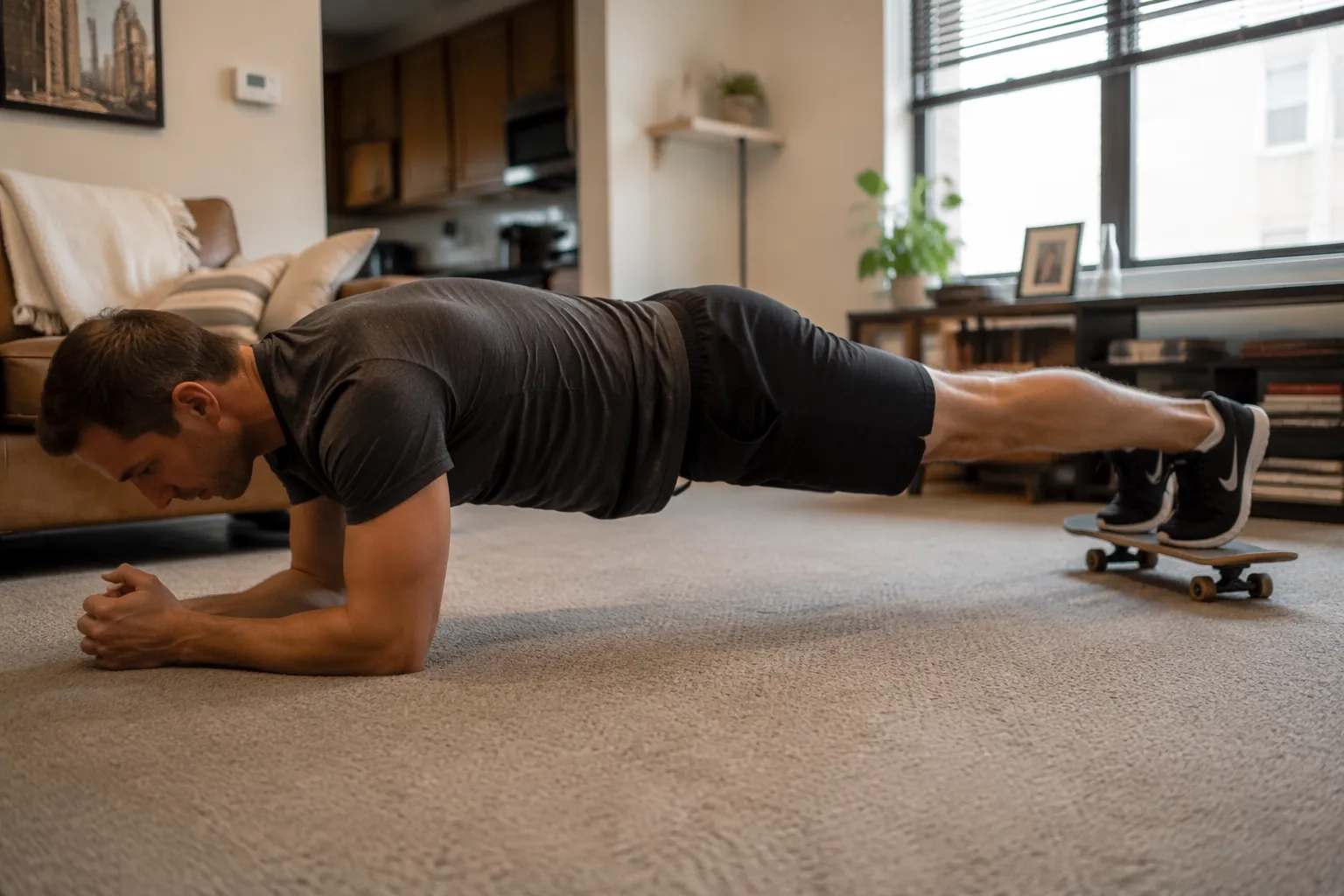 Person performing a body saw in a forearm plank with feet on a skateboard on low-pile carpet