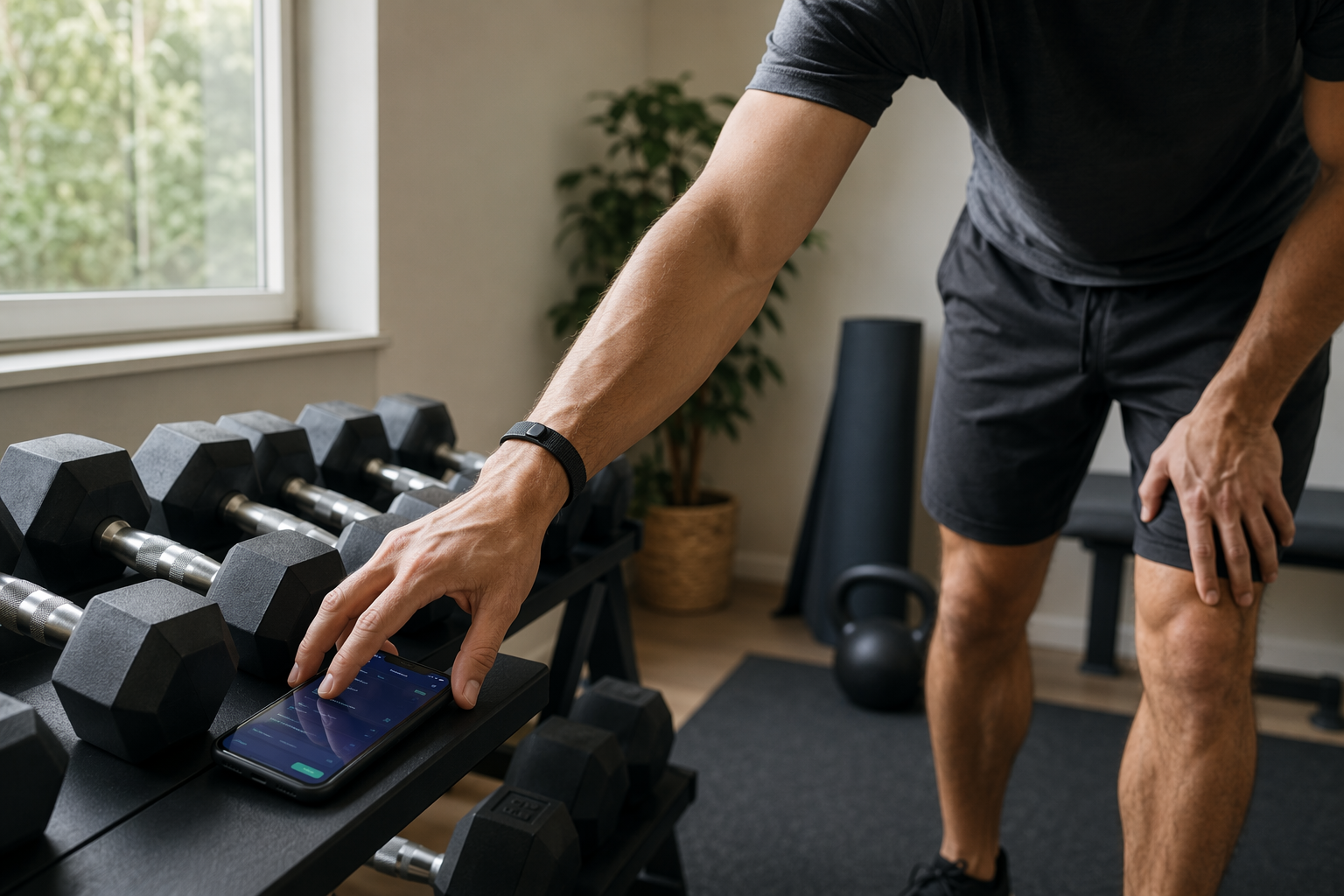 Person wearing a slim screenless band while reaching for a smartphone in a compact home gym
